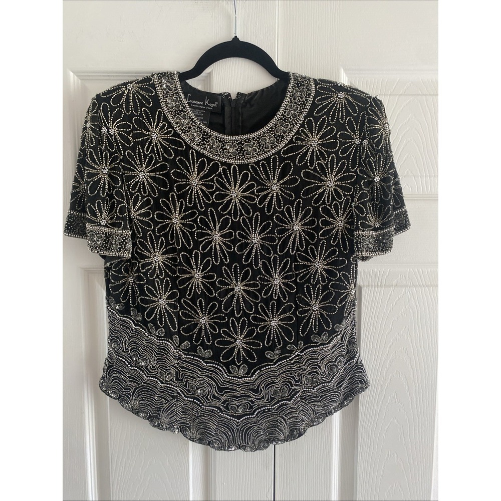 Laurence Kazar Vintage Beaded Top Womens Size L Black Silk Floral Sequin Evening